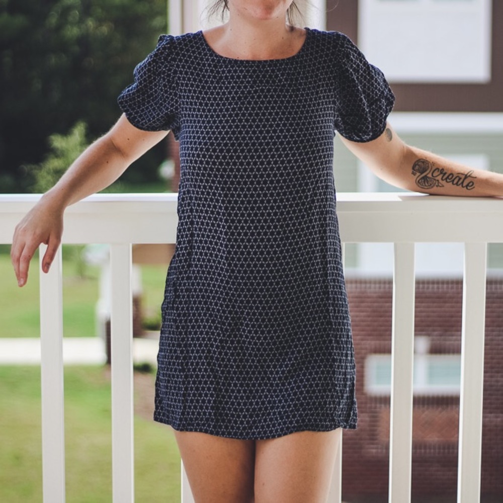 navy mini dress with plume sleeves